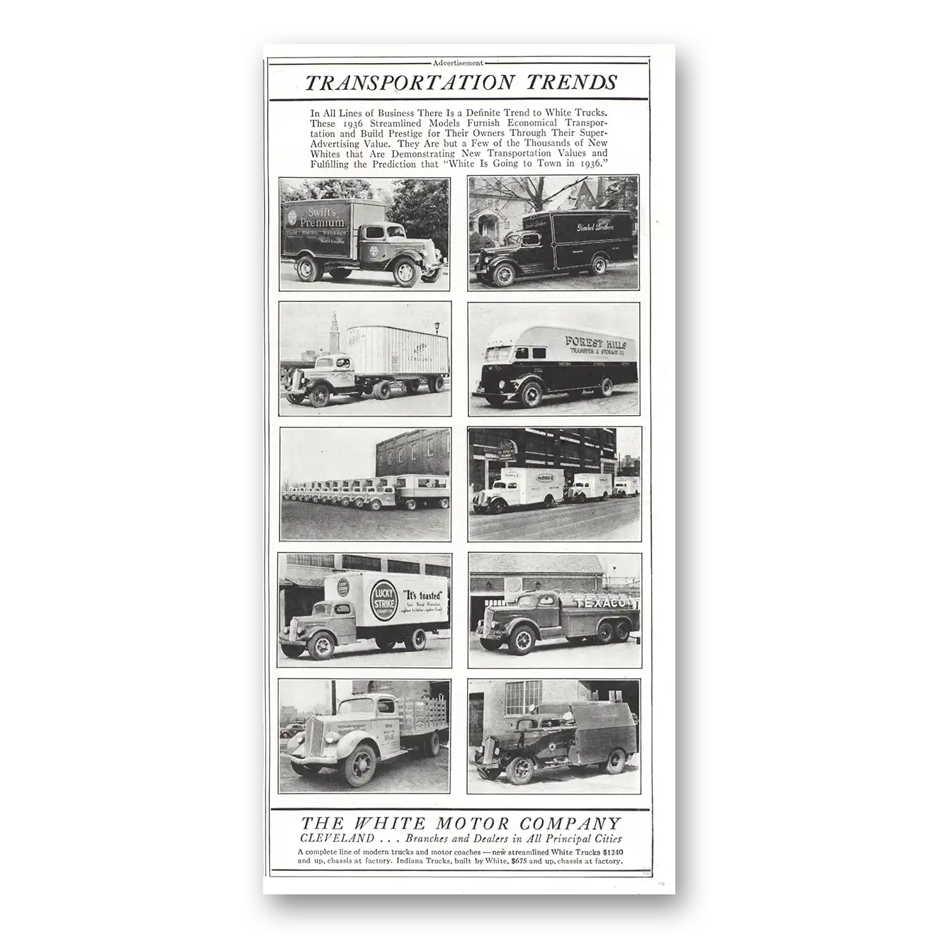 1936 White Trucks Transportation Trends Vintage Magazine Print Ad