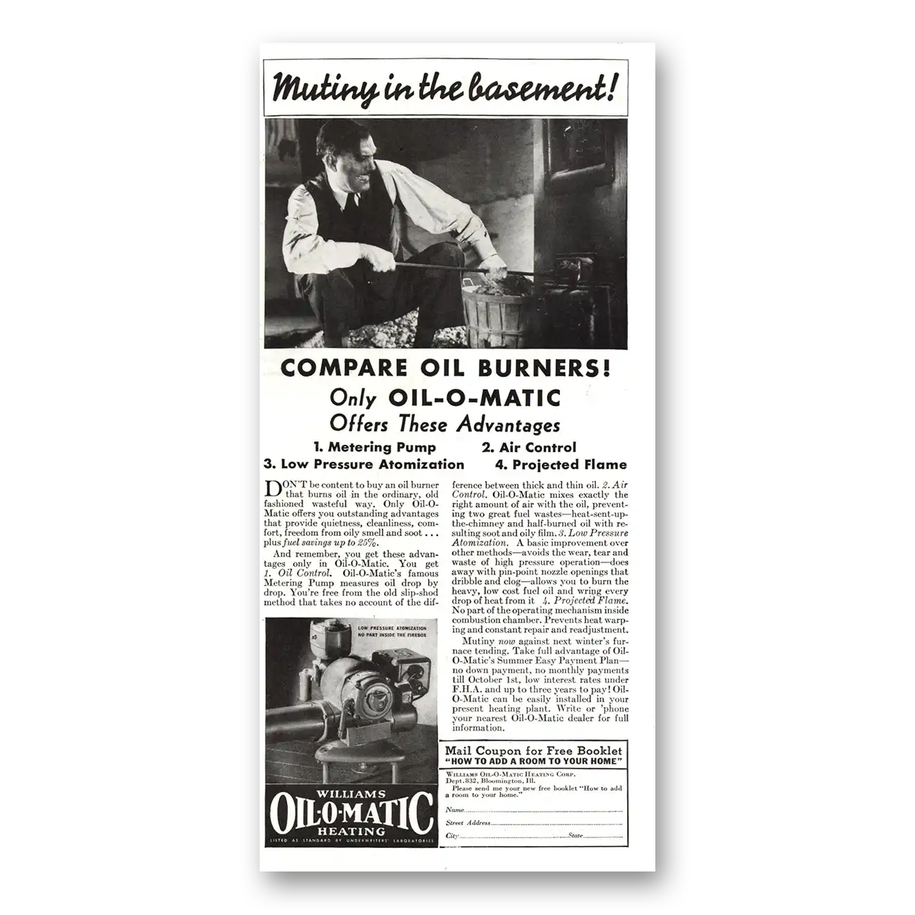 1936 Williams Oil-O-Matic Mutiny In the Basement Vintage Magazine Print Ad