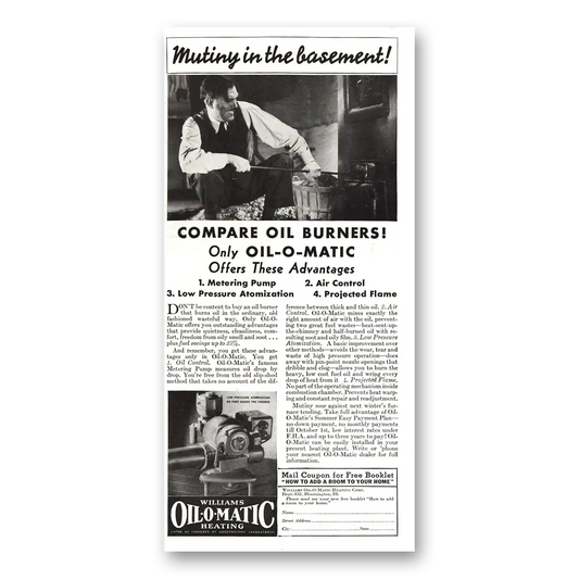 1936 Williams Oil-O-Matic Mutiny In the Basement Vintage Magazine Print Ad