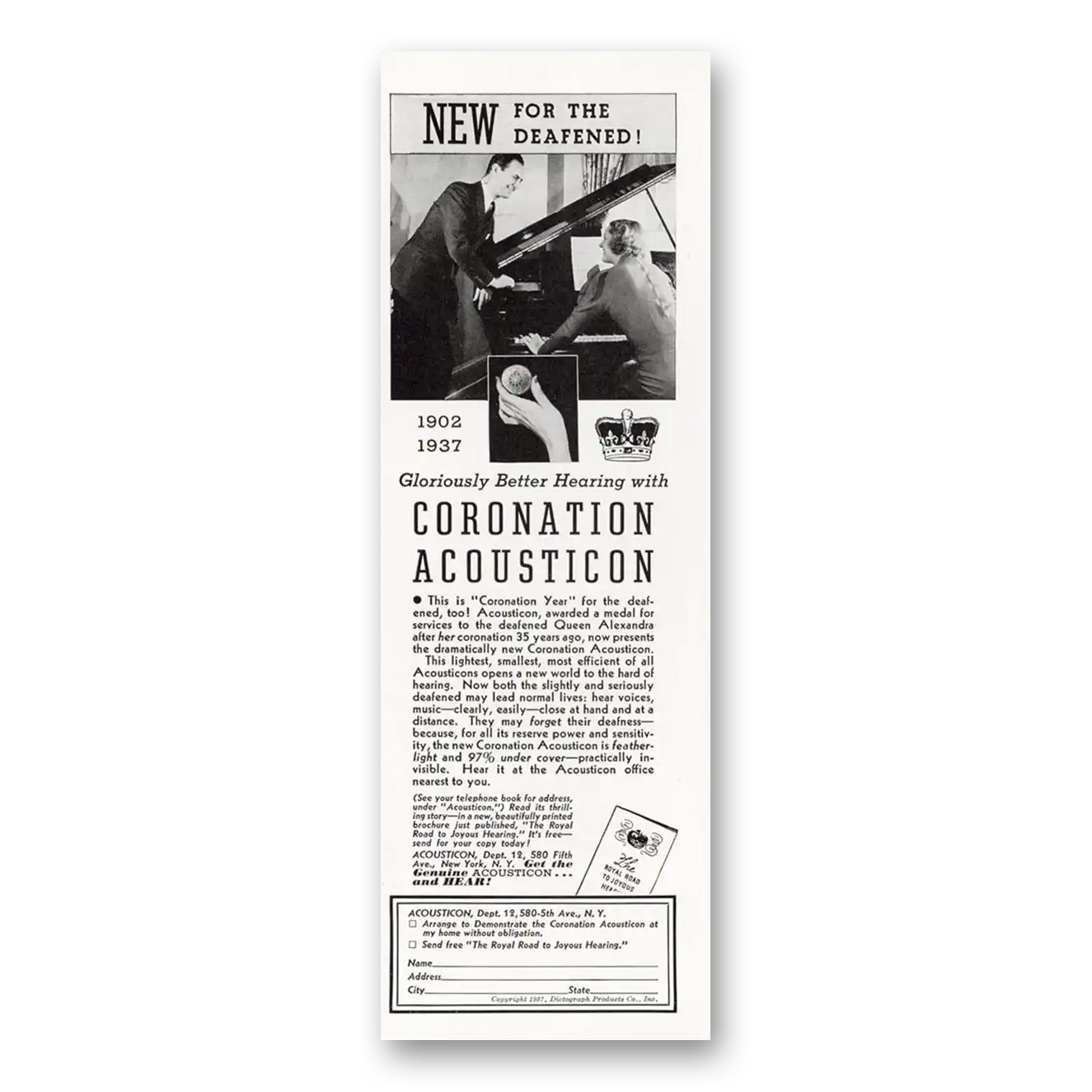 1937 Acousticon Hearing Aid Graciously Better Hearing With Coronation Vintage Magazine Print Ad