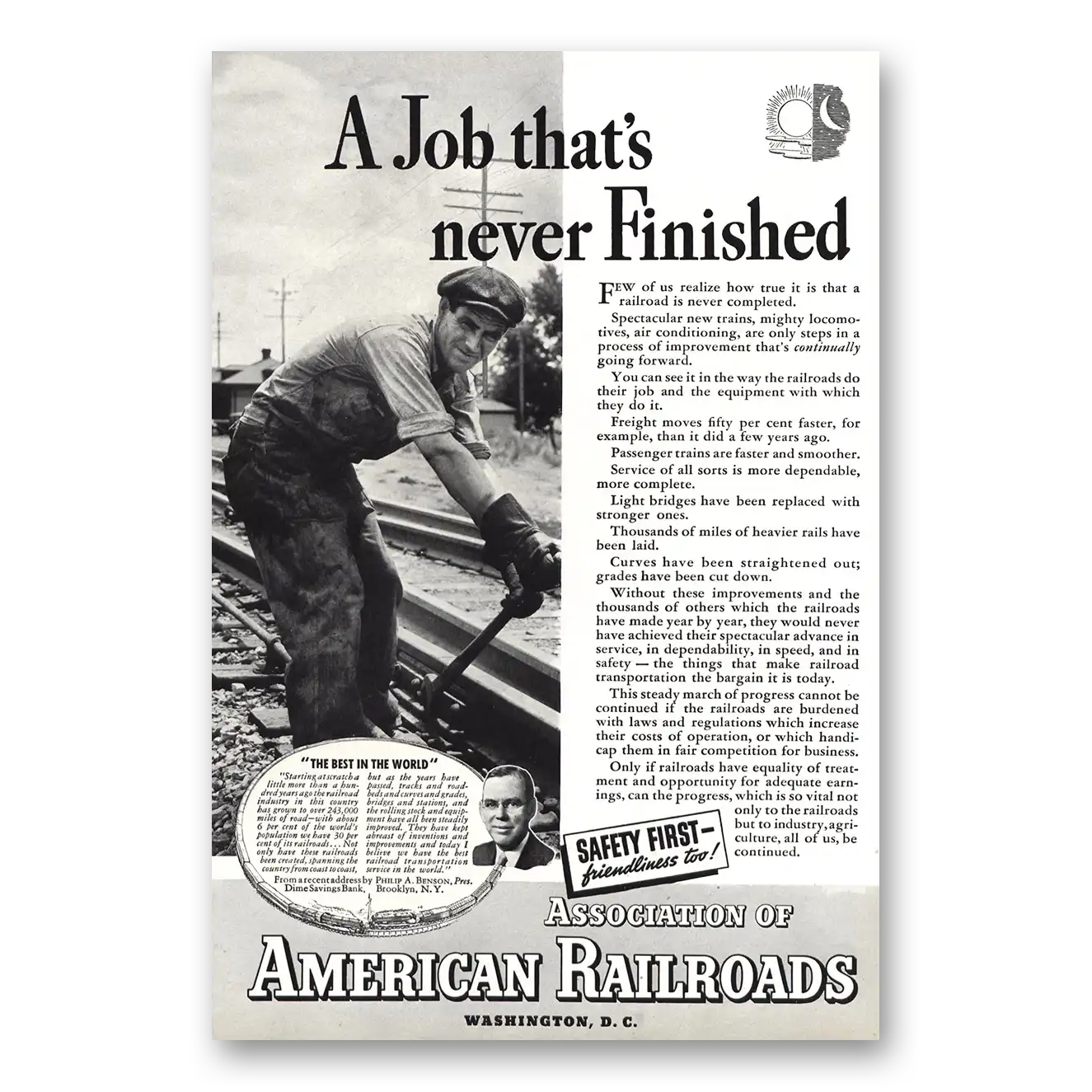 1937 Association of American Railroads Job Never Finished Vintage Magazine Print Ad