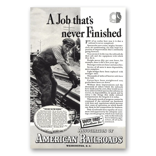 1937 Association of American Railroads Job Never Finished Vintage Magazine Print Ad