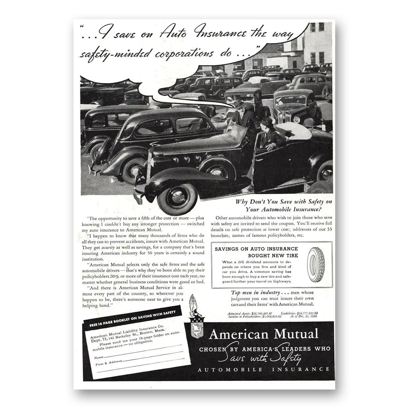 1937 American Mutual Insurance I Save On Auto Insurance Vintage Magazine Print Ad