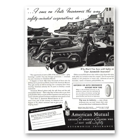 1937 American Mutual Insurance I Save On Auto Insurance Vintage Magazine Print Ad