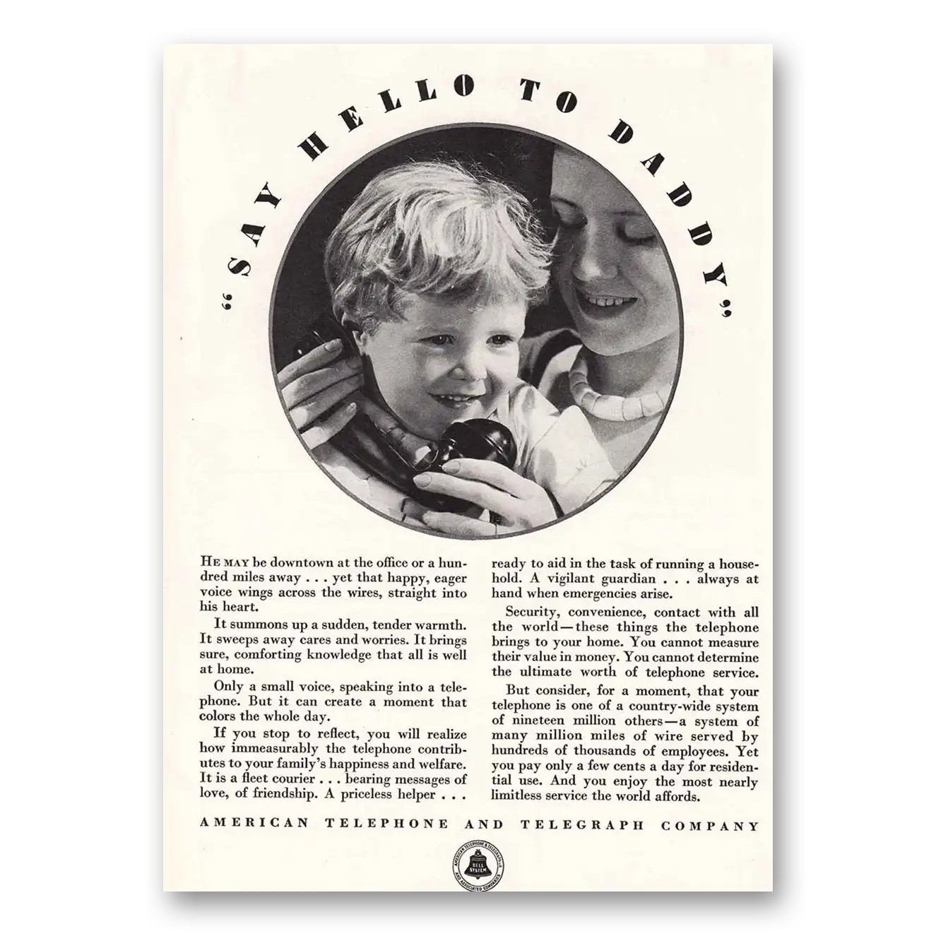 1937 American Telephone Say Hello to Daddy Vintage Magazine Print Ad