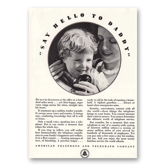 1937 American Telephone Say Hello to Daddy Vintage Magazine Print Ad