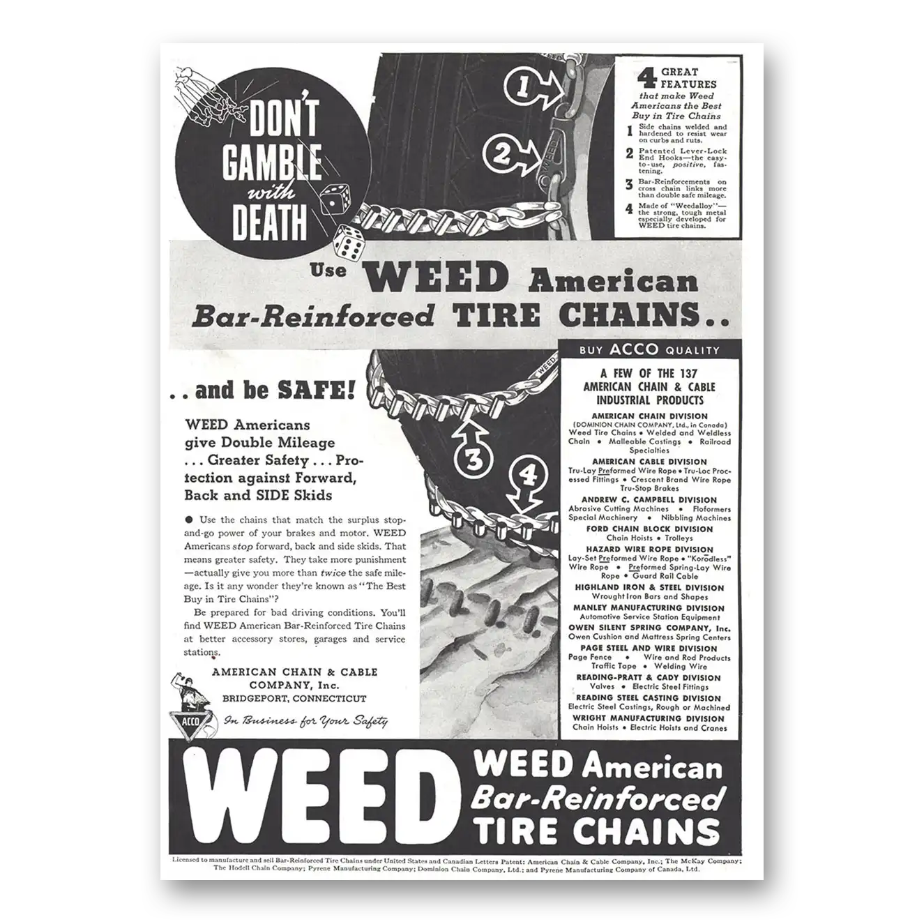 1937 American Chain Company Don't Gamble With Death Vintage Magazine Print Ad