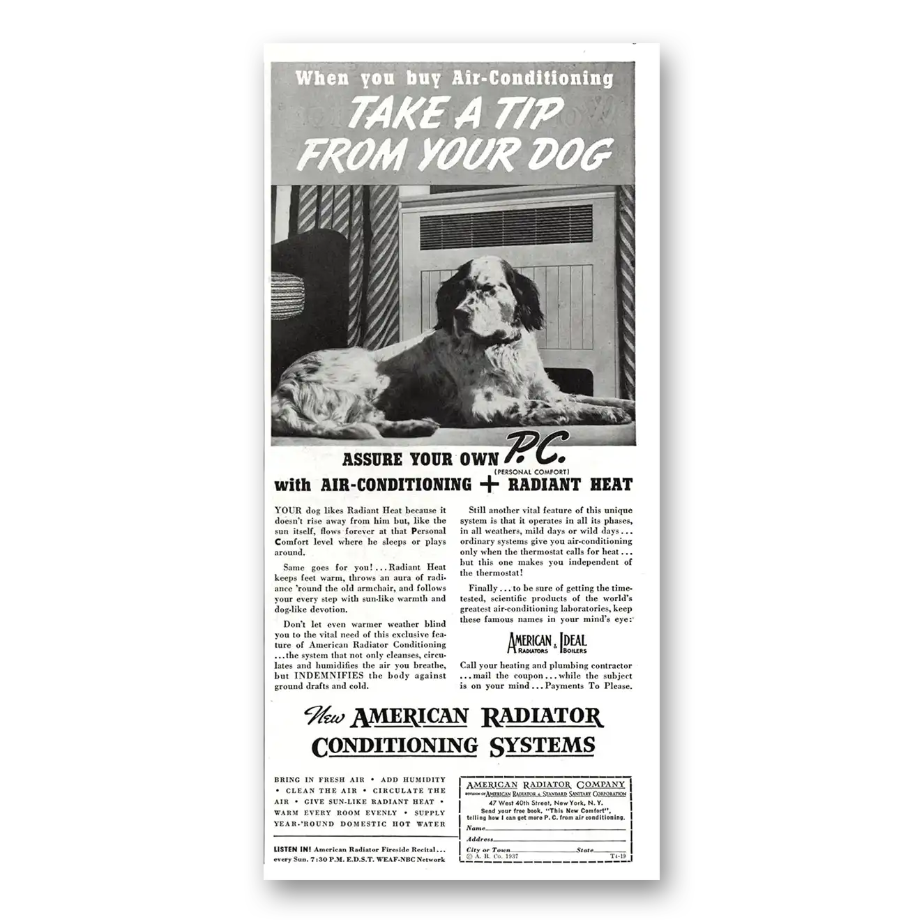 1937 American Radiator Take a Tip From Your Dog Vintage Magazine Print Ad