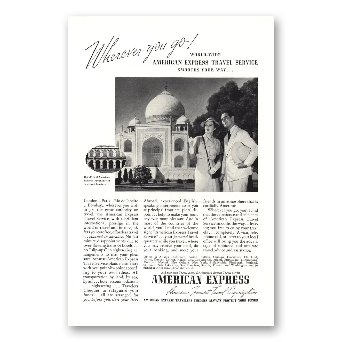 1937 American Express Bombay Wherever You Go Vintage Magazine Print Ad