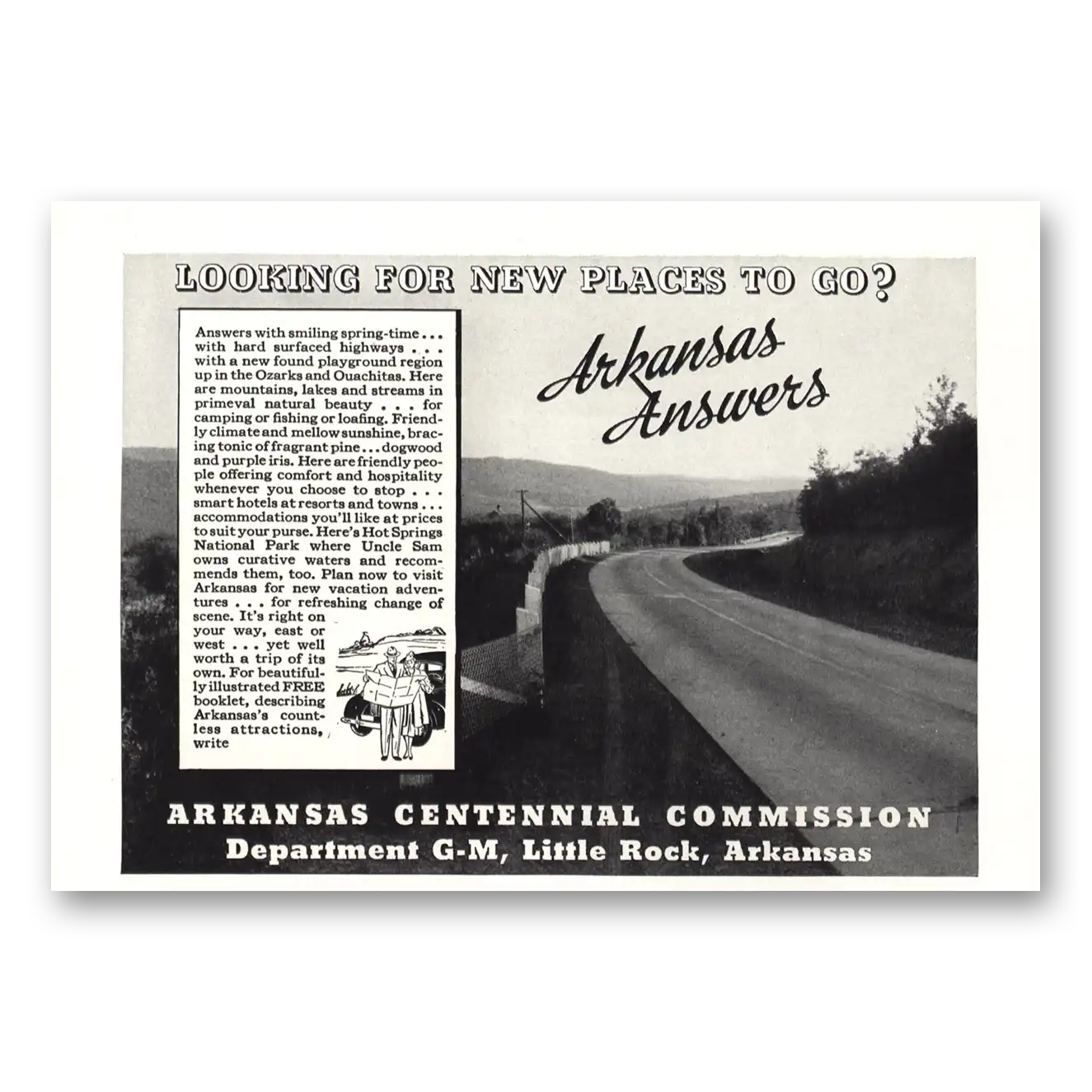 1937 Arkansas Centennial Look for a New Place To Go Vintage Magazine Print Ad