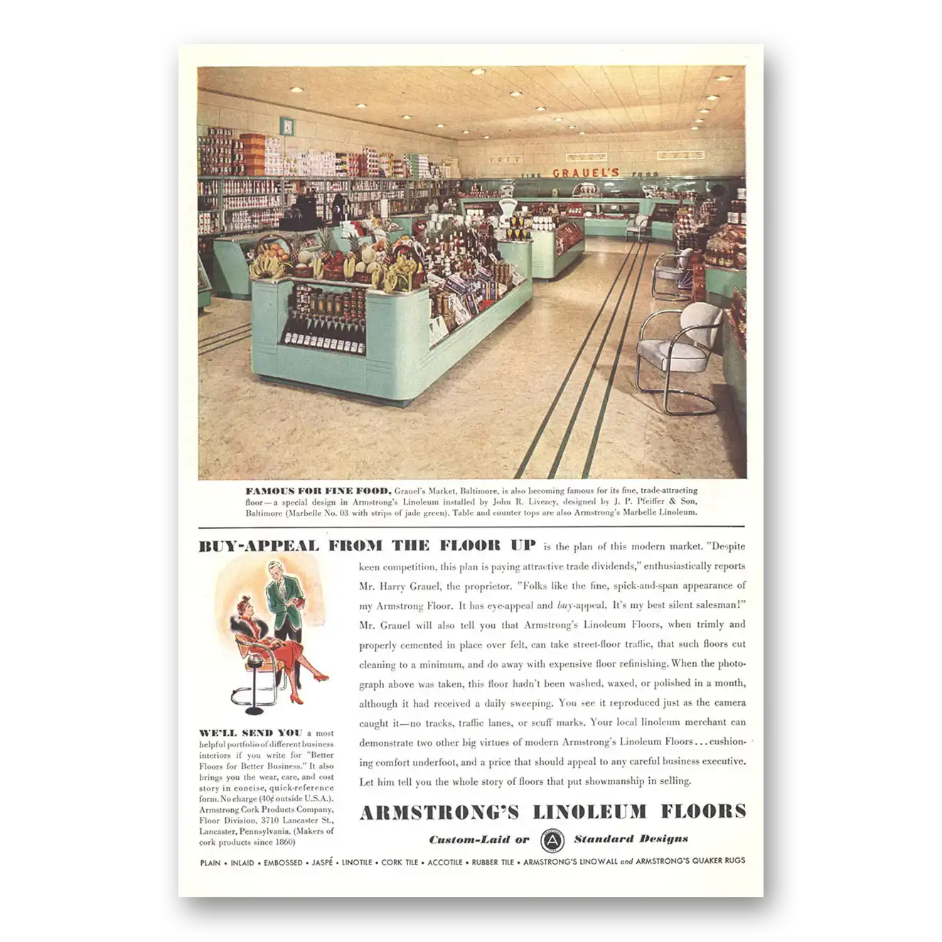 1937 Armstrong Linoleum Floors Grauels Market Baltimore Vintage Magazine Print Ad