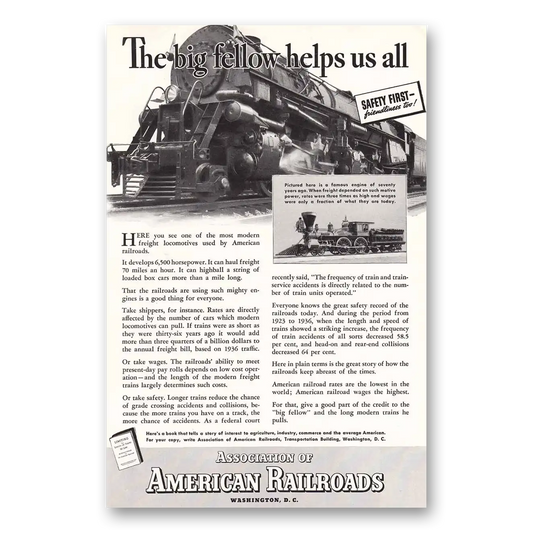 1937 Association of American Railroads Big Fellow Vintage Magazine Print Ad