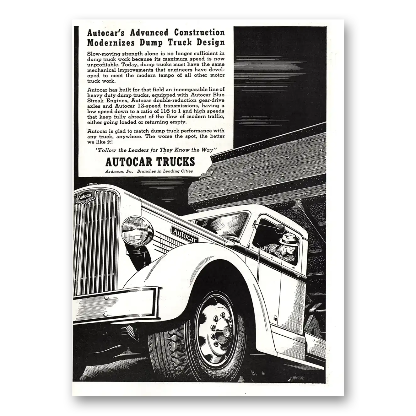 1937 Autocar Trucks Modernizes Dump Truck Design Vintage Magazine Print Ad