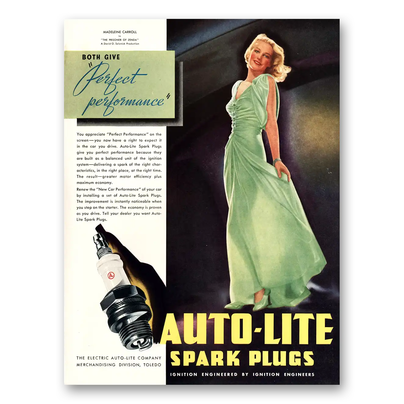 1937 Autolite Spark Plugs Madeleine Carroll Prisoner of Zenda Vintage Magazine Print Ad