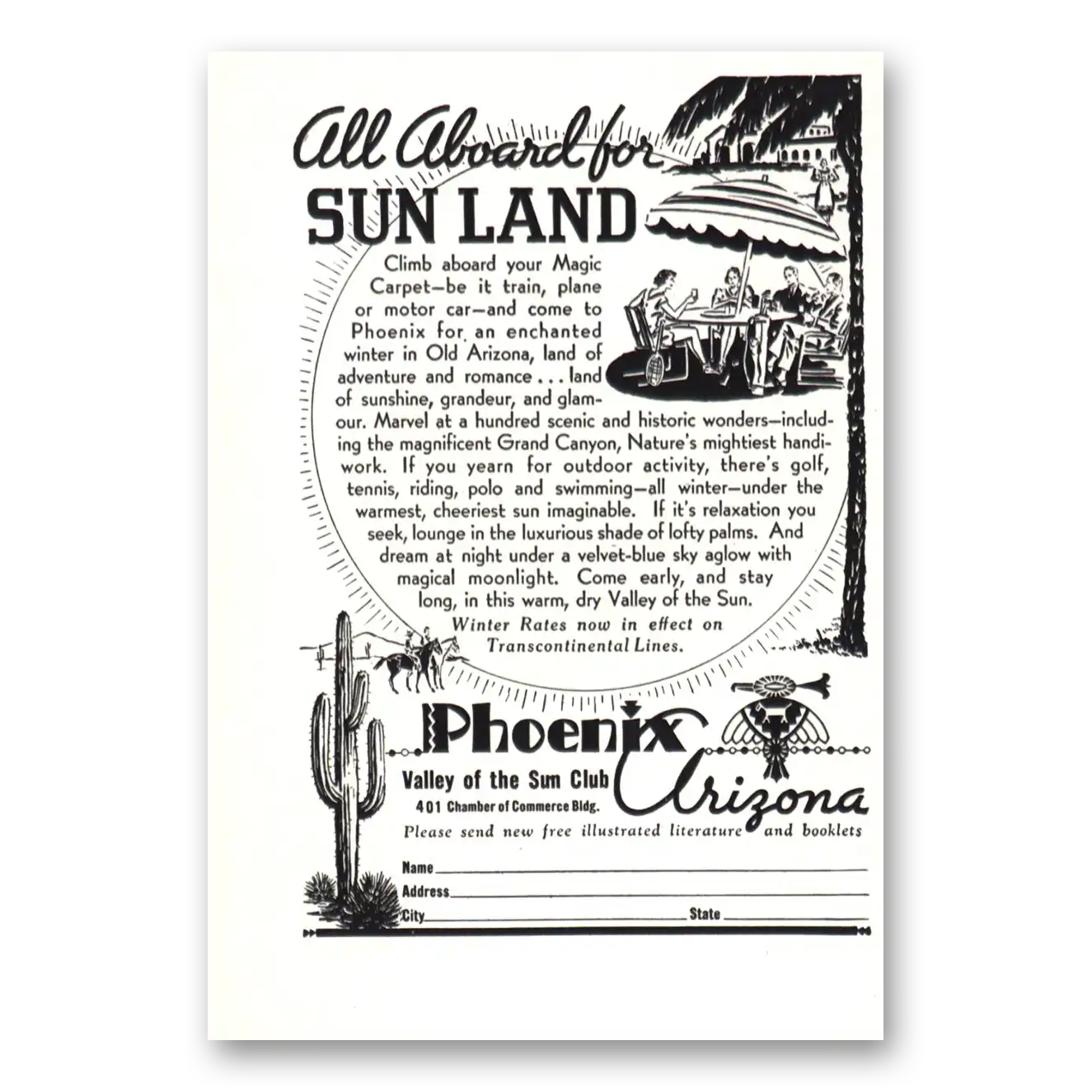 1937 Phoenix Arizona All Aboard for Sun Land Vintage Magazine Print Ad