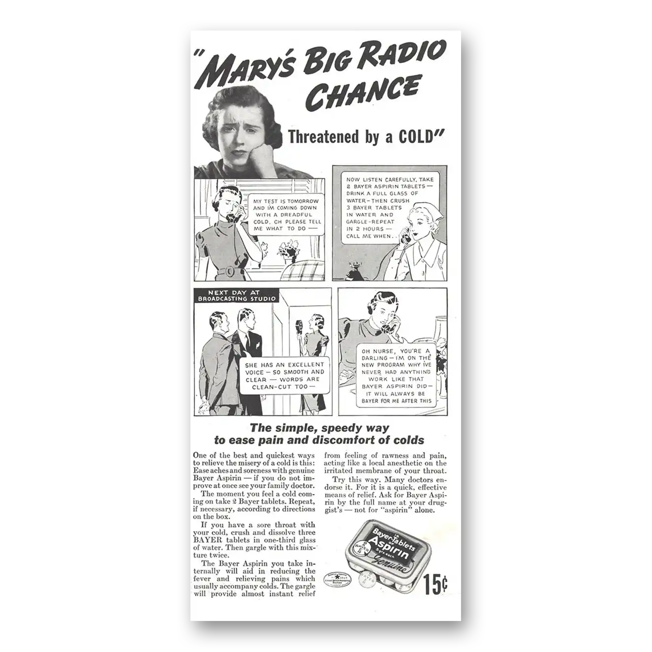 1937 Bayer Aspirin Marys Big Radio Chance Vintage Magazine Print Ad