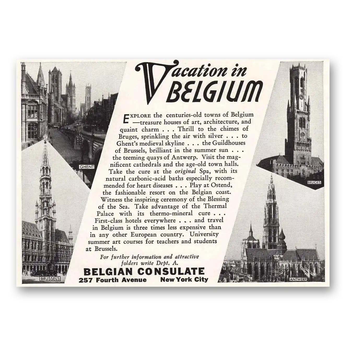 1937 Belgium Consulate Vacation in Belgium Vintage Magazine Print Ad