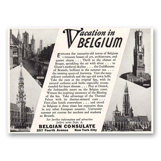 1937 Belgium Consulate Vacation in Belgium Vintage Magazine Print Ad