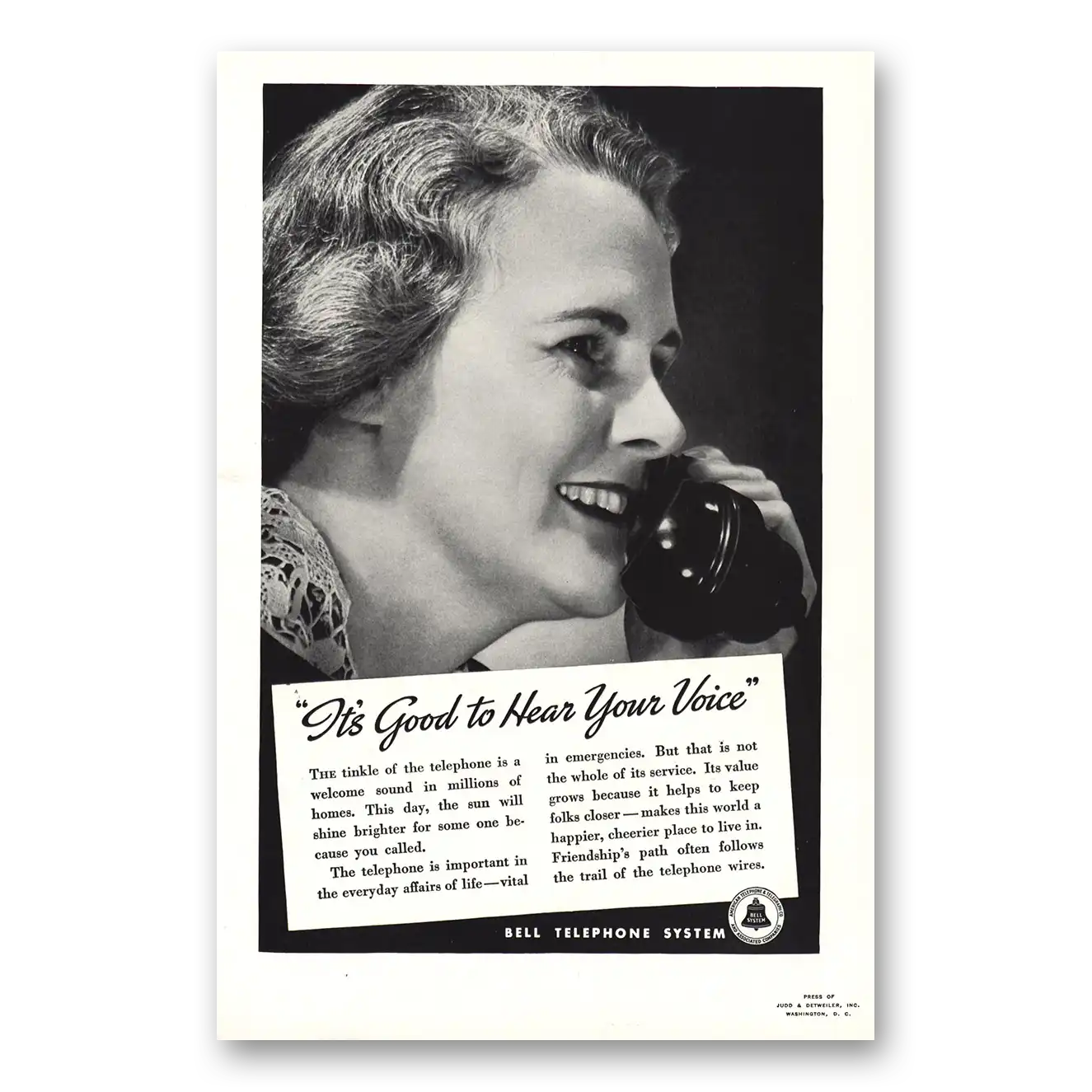 1937 Bell Telephone Good to Hear Your Voice Vintage Magazine Print Ad