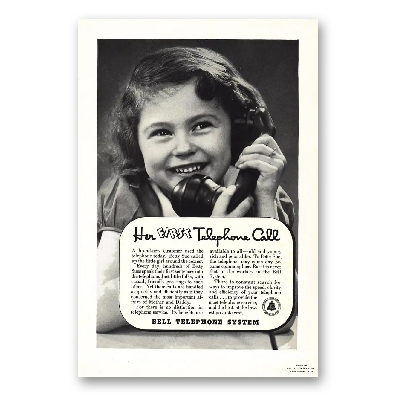 1937 Bell Telephone Her First Telephone Call Vintage Magazine Print Ad