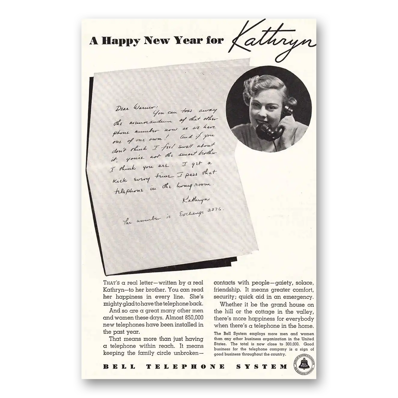 1937 Bell Telephone Happy New Year for Kathryn Vintage Magazine Print Ad