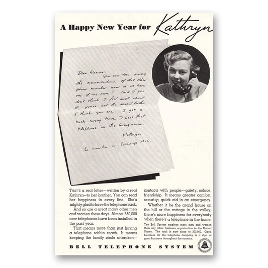 1937 Bell Telephone Happy New Year for Kathryn Vintage Magazine Print Ad