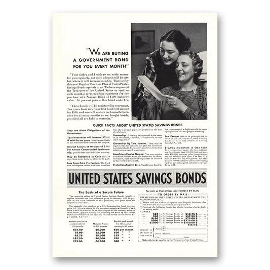 1937 United States Savings Bonds Every Month Vintage Magazine Print Ad