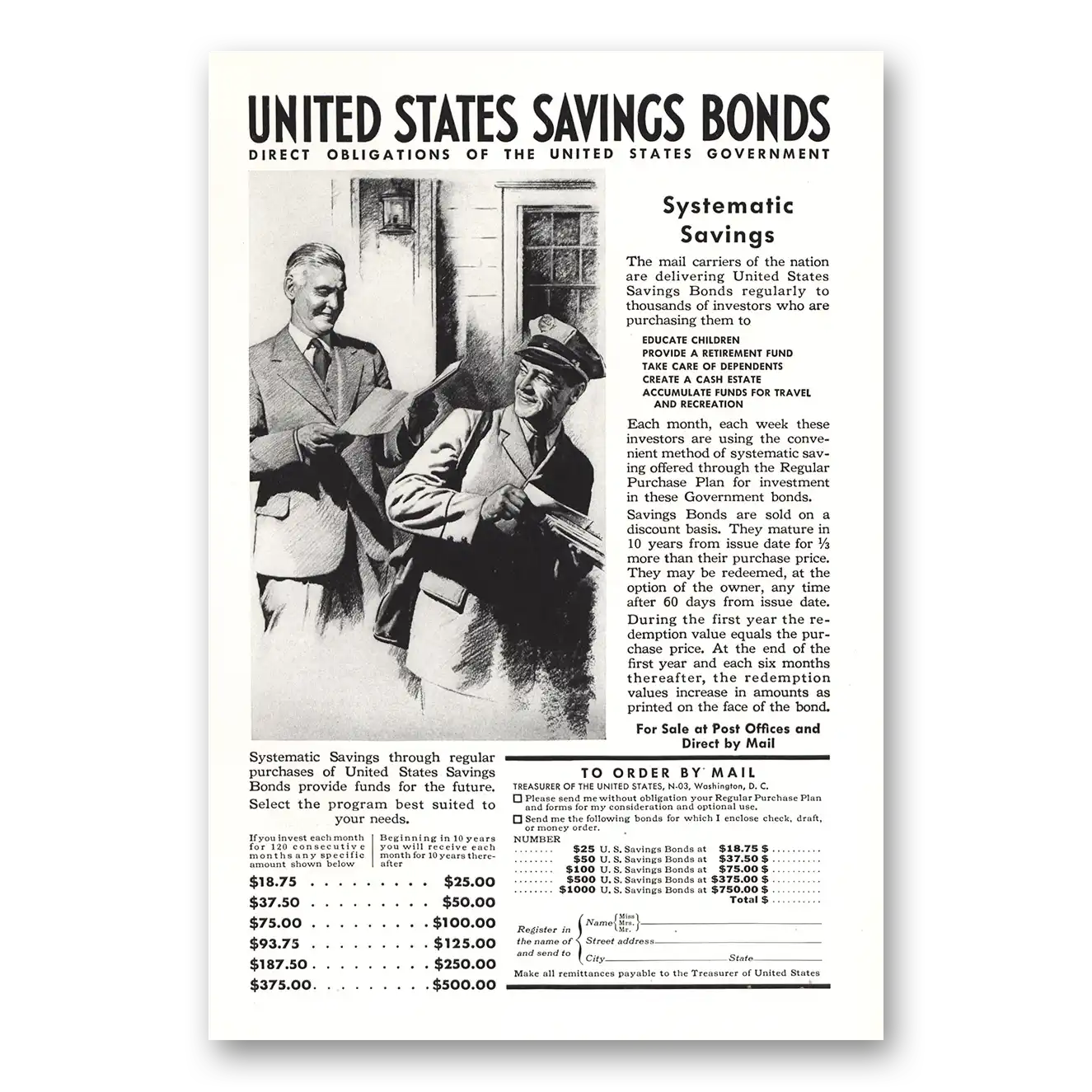 1937 United States Savings Bonds Mail Carriers Vintage Magazine Print Ad