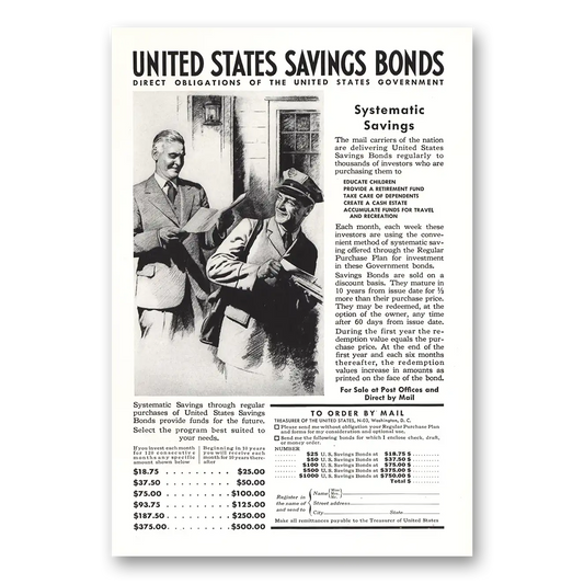 1937 United States Savings Bonds Mail Carriers Vintage Magazine Print Ad