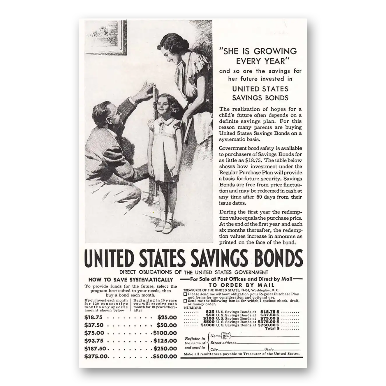 1937 United States Savings Bonds She is Growing Every Vintage Magazine Print Ad