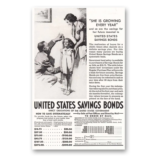 1937 United States Savings Bonds She is Growing Every Vintage Magazine Print Ad