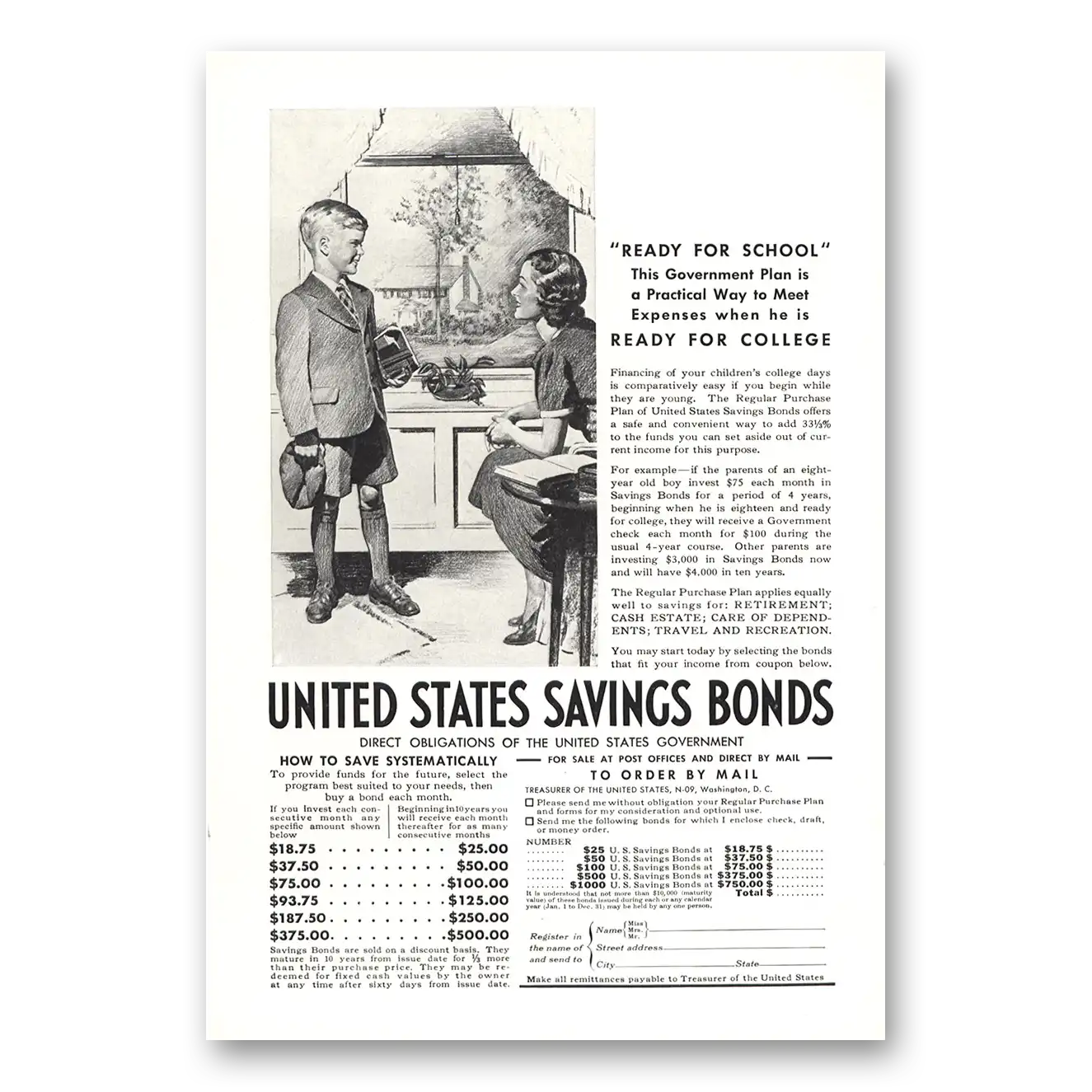 1937 United States Savings Bonds Ready for School Vintage Magazine Print Ad