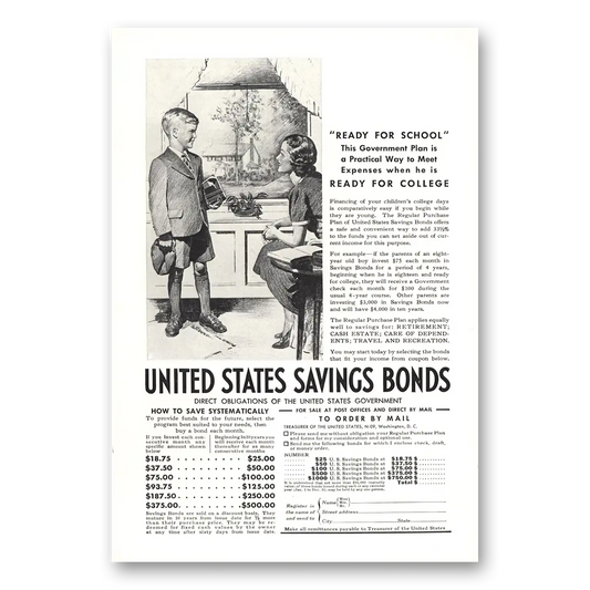 1937 United States Savings Bonds Ready for School Vintage Magazine Print Ad