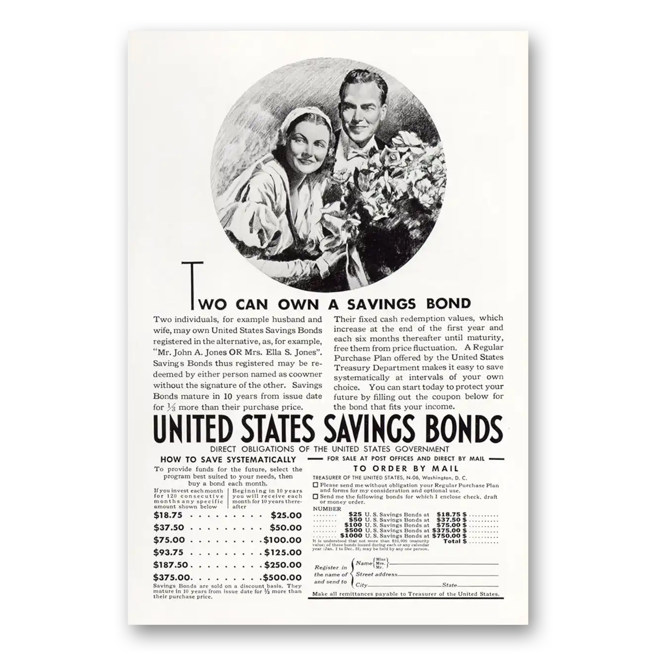 1937 United States Savings Bonds Two Can Own Vintage Magazine Print Ad