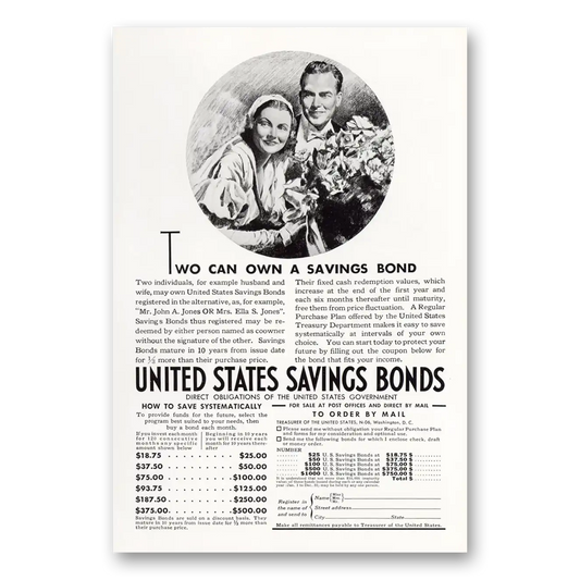 1937 United States Savings Bonds Two Can Own Vintage Magazine Print Ad