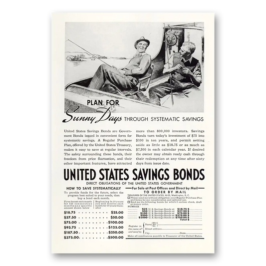 1937 United States Savings Bonds Sunny Days Fishing Vintage Magazine Print Ad