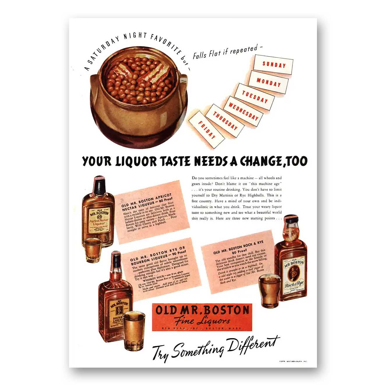 1937 Old Mr Boston Straight Whiskey Liquor Taste Needs a Change Too Vintage Magazine Print Ad