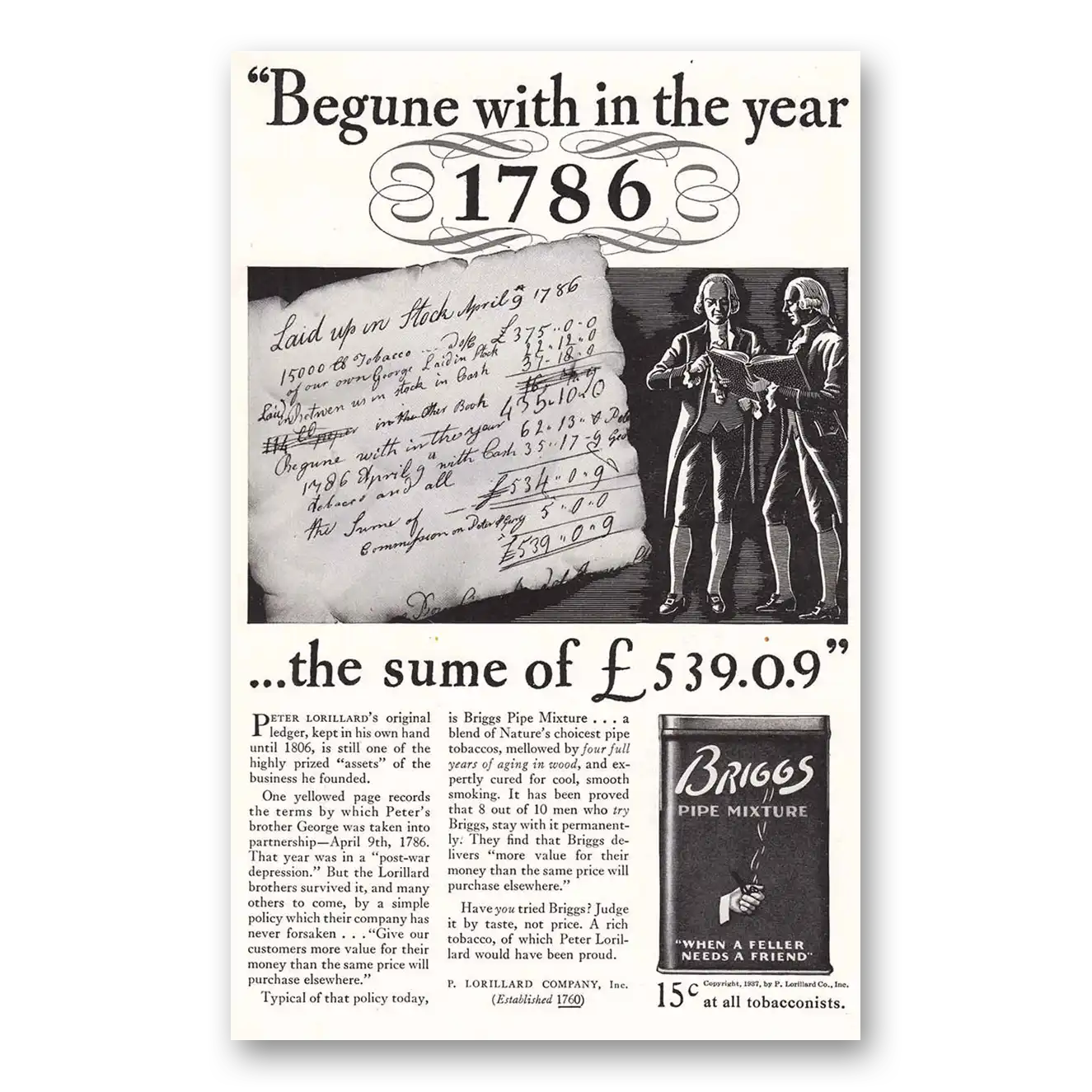 1937 Briggs Pipe Mixture Begune with in the Year 1786 Vintage Magazine Print Ad