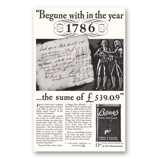 1937 Briggs Pipe Mixture Begune with in the Year 1786 Vintage Magazine Print Ad