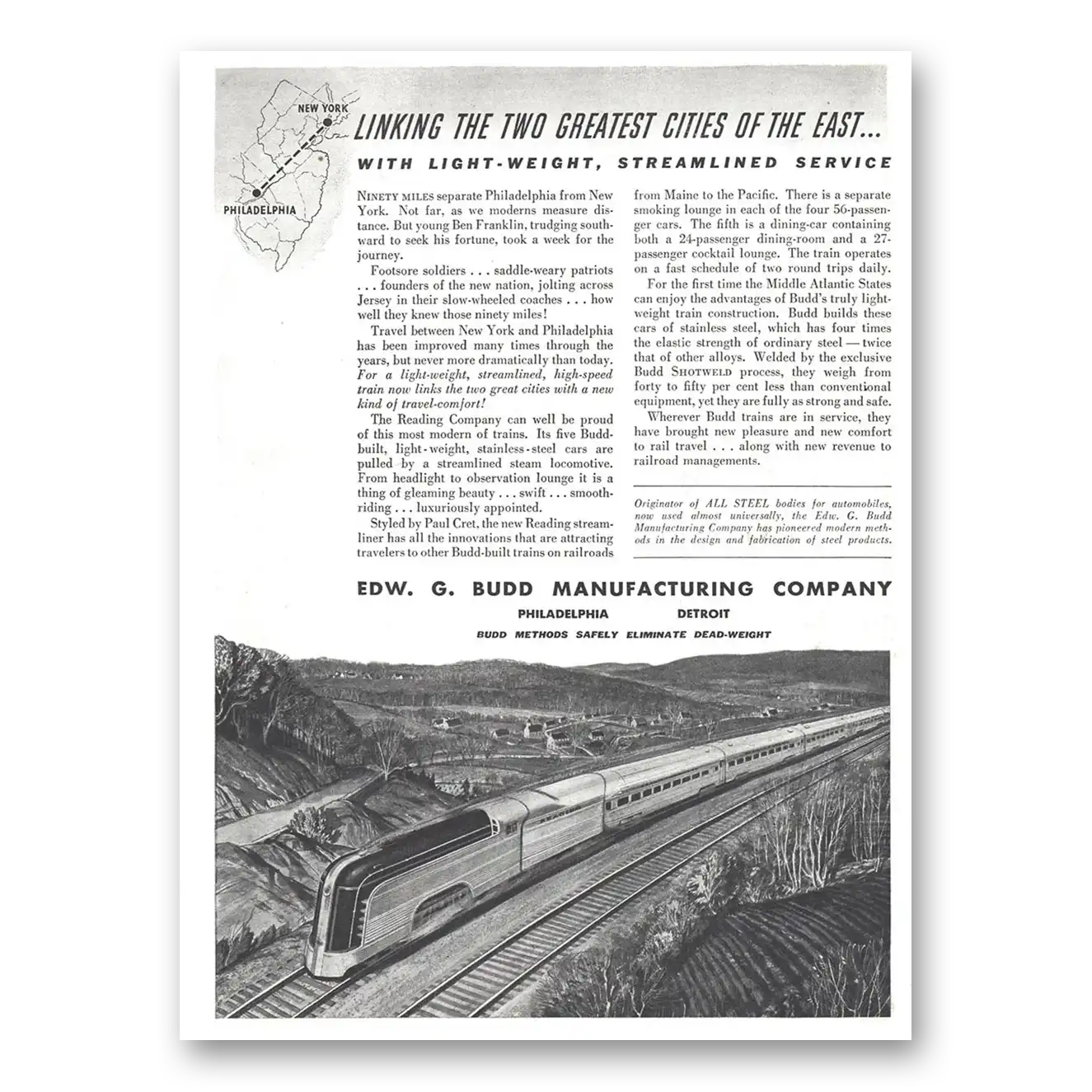 1937 Budd Linking the Two Greatest Cities of the East Vintage Magazine Print Ad