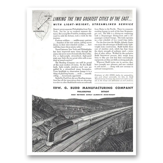 1937 Budd Linking the Two Greatest Cities of the East Vintage Magazine Print Ad