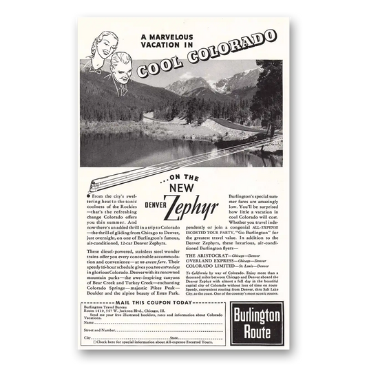 1937 Burlington Route Cool Colorado Denver Zephyr Vintage Magazine Print Ad