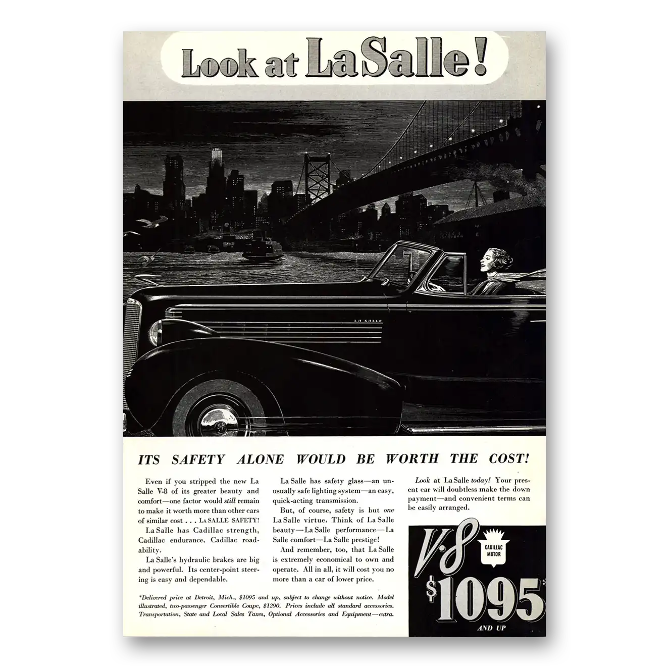 1937 Cadillac LaSalle Safety Alone Would Be Worth the Cost Vintage Magazine Print Ad