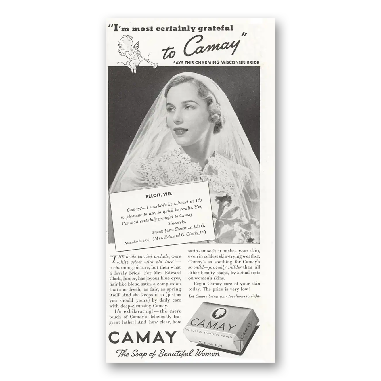 1937 Camay Soap Most Certainly Grateful Vintage Magazine Print Ad