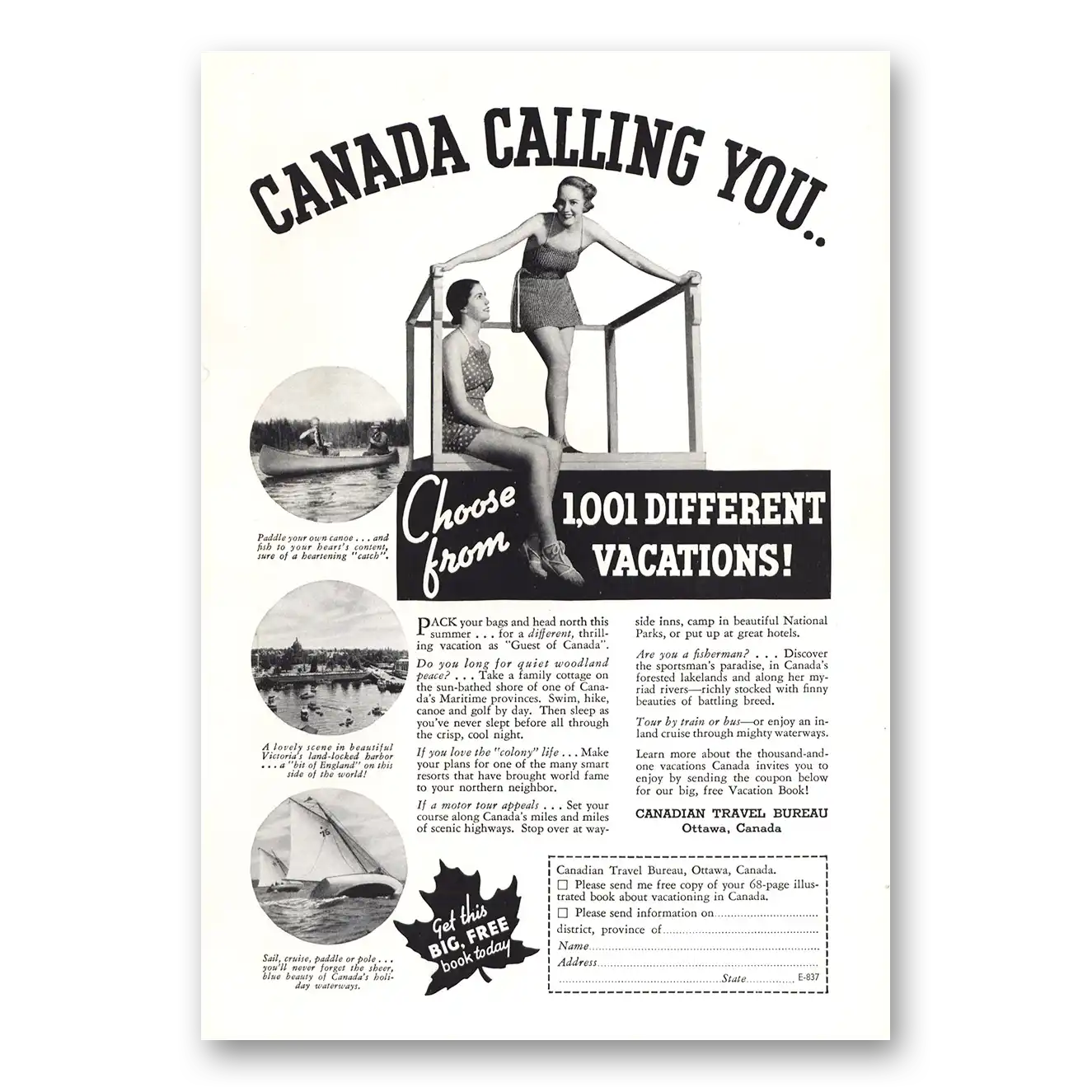 1937 Canada Canada Calling You 1001 Different Vacations Vintage Magazine Print Ad