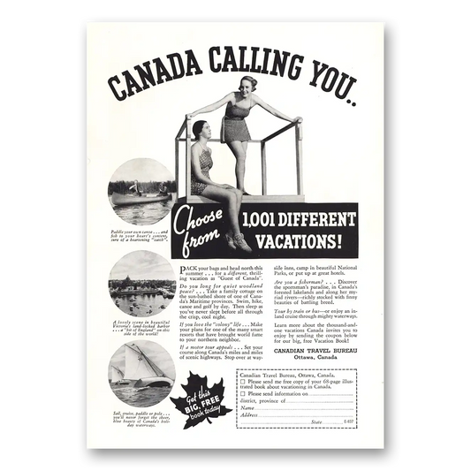 1937 Canada Canada Calling You 1001 Different Vacations Vintage Magazine Print Ad