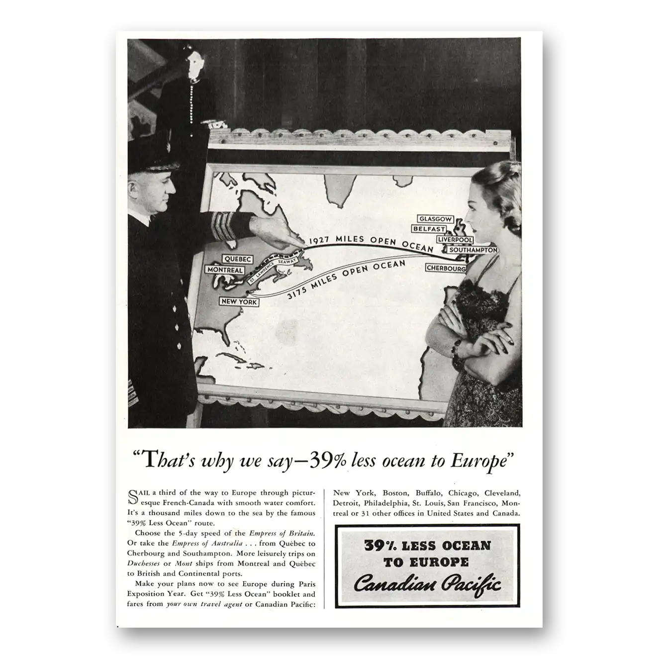 1937 Canadian Pacific Less Ocean to Europe Vintage Magazine Print Ad