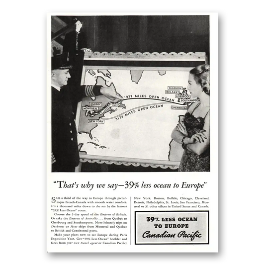 1937 Canadian Pacific Less Ocean to Europe Vintage Magazine Print Ad