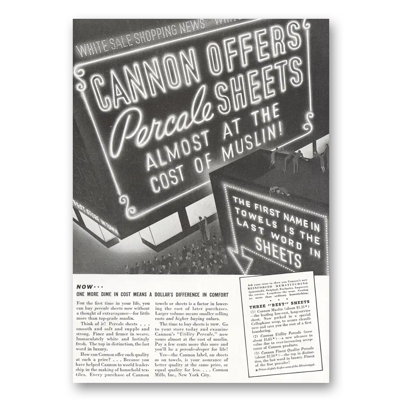 1937 Cannon Percale Sheets Almost at the Cost of Muslin Vintage Magazine Print Ad