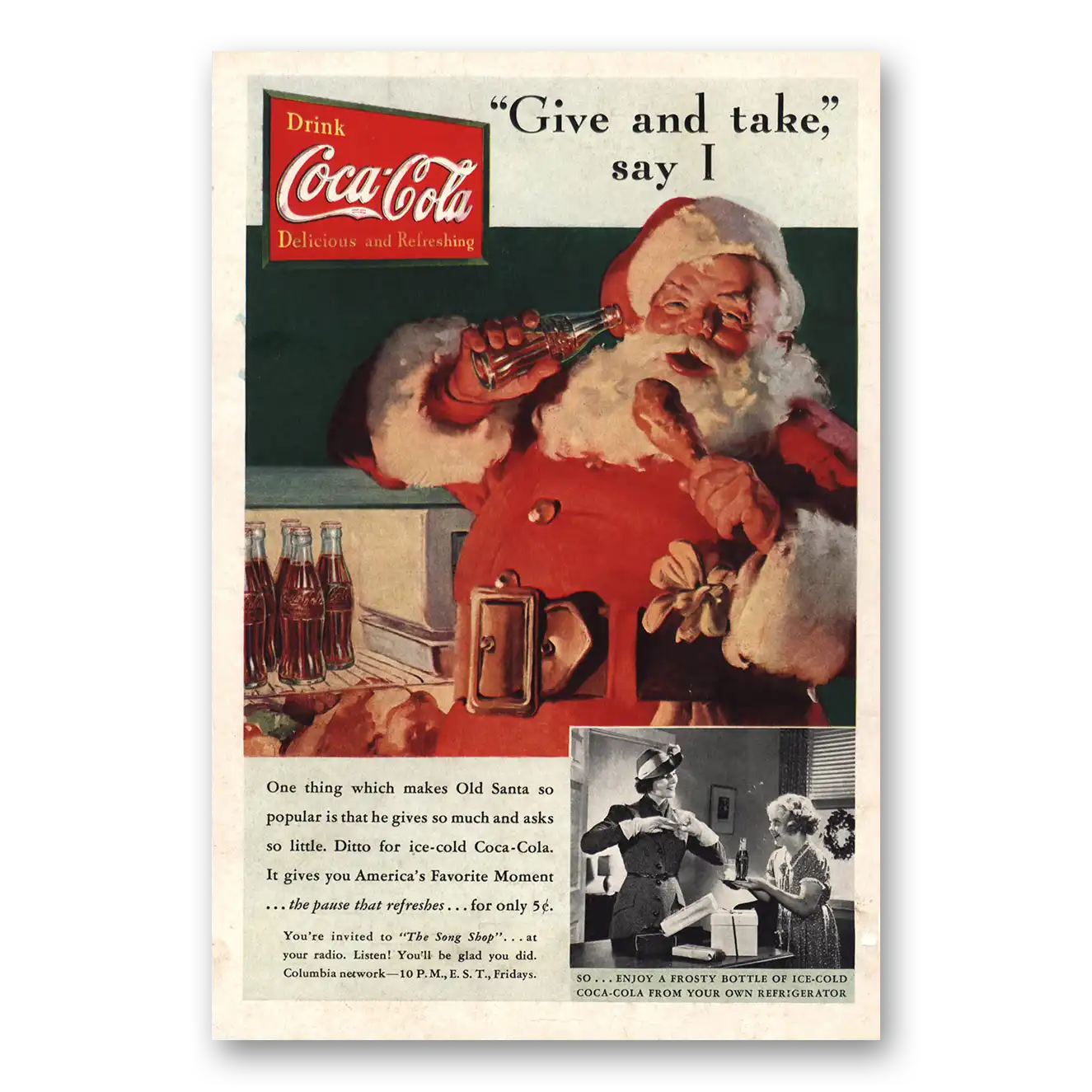 1937 Coca Cola Christmas Give and Take Say I Vintage Magazine Print Ad